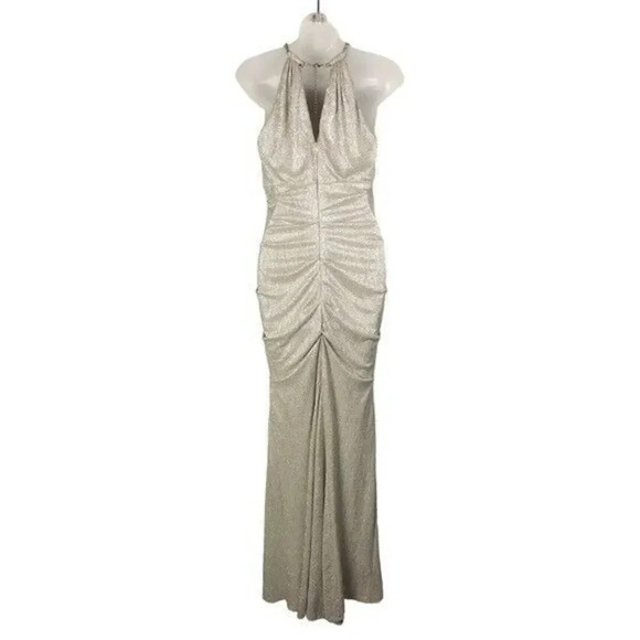 XScape High Neck Halter Metallic Champagne Ruched Formal Gown 4 - Picture 2 of 7
